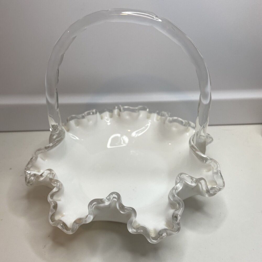 Fenton Silver Crest Ruffle Rim Bowl Basket Handle 8" Wide White Milk Glass Vtg